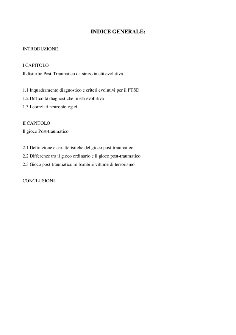 Indice della tesi: Il Gioco Post-Traumatico, Pagina 1