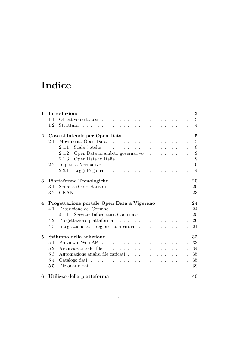 Indice della tesi: Realizzazione di una piattaforma per l’erogazione di open data, Pagina 1