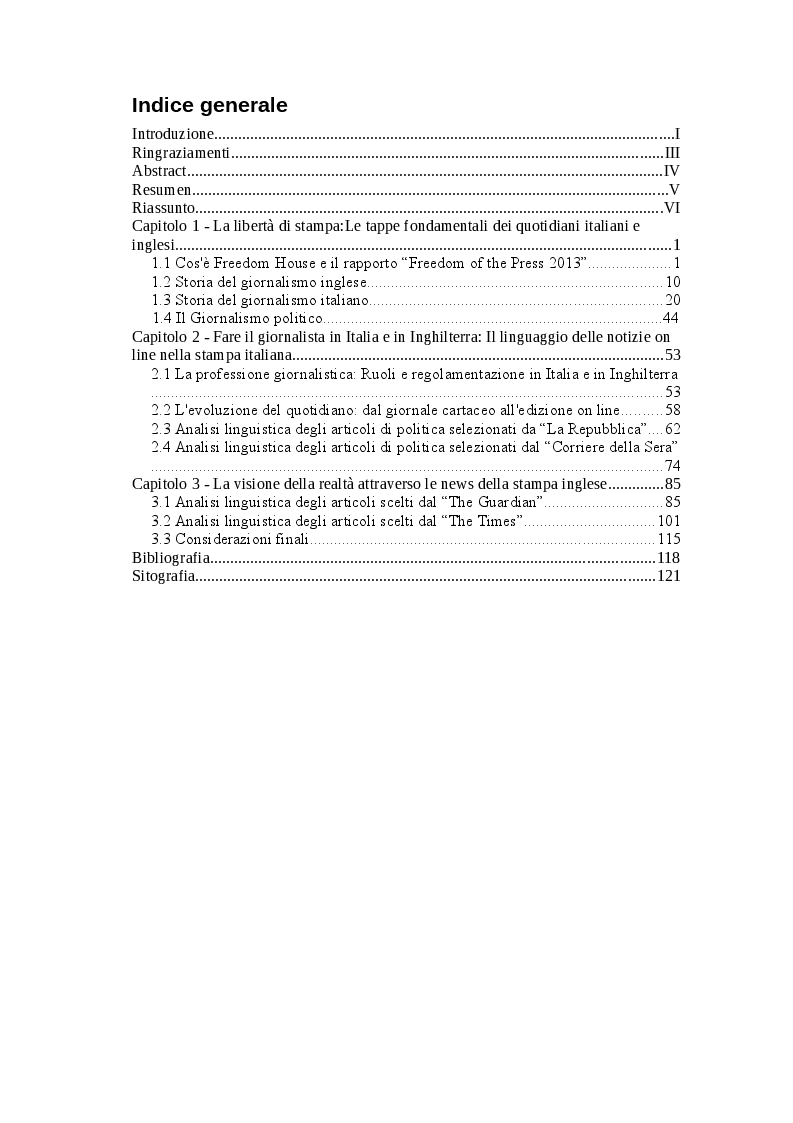 Indice della tesi: Il diritto-dovere della libertà d'informazione: confronto fra la stampa italofona e quella anglofona, Pagina 1