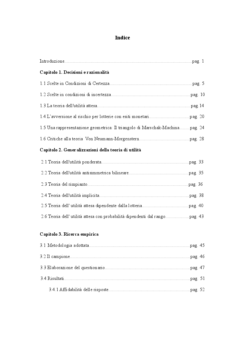 Indice della tesi: La teoria dell'utilità attesa: evidenza empirica e generalizzazioni, Pagina 1