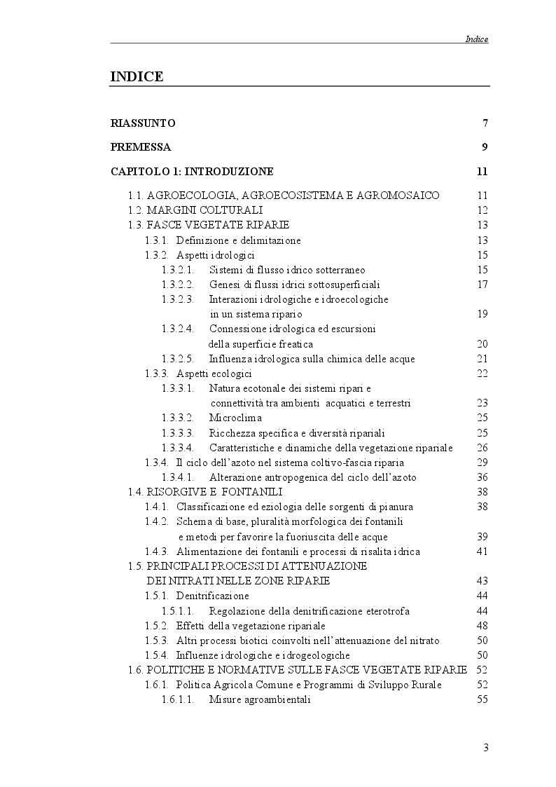 Indice della tesi: Le fasce riparie dei fontanili: processi di trasformazione e rimozione dell'azoto, Pagina 1