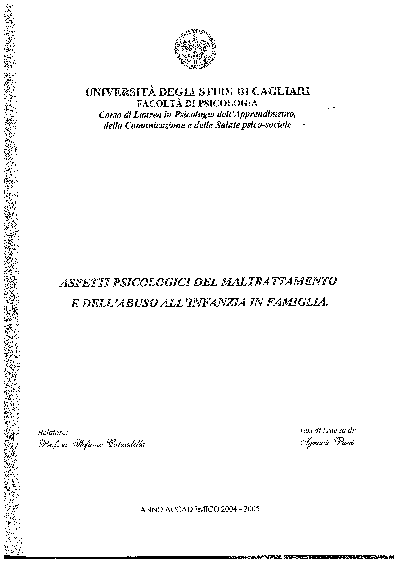 Anteprima della tesi: Aspetti psicologici dei maltrattamento e dell'abuso all'infanzia in famiglia, Pagina 1