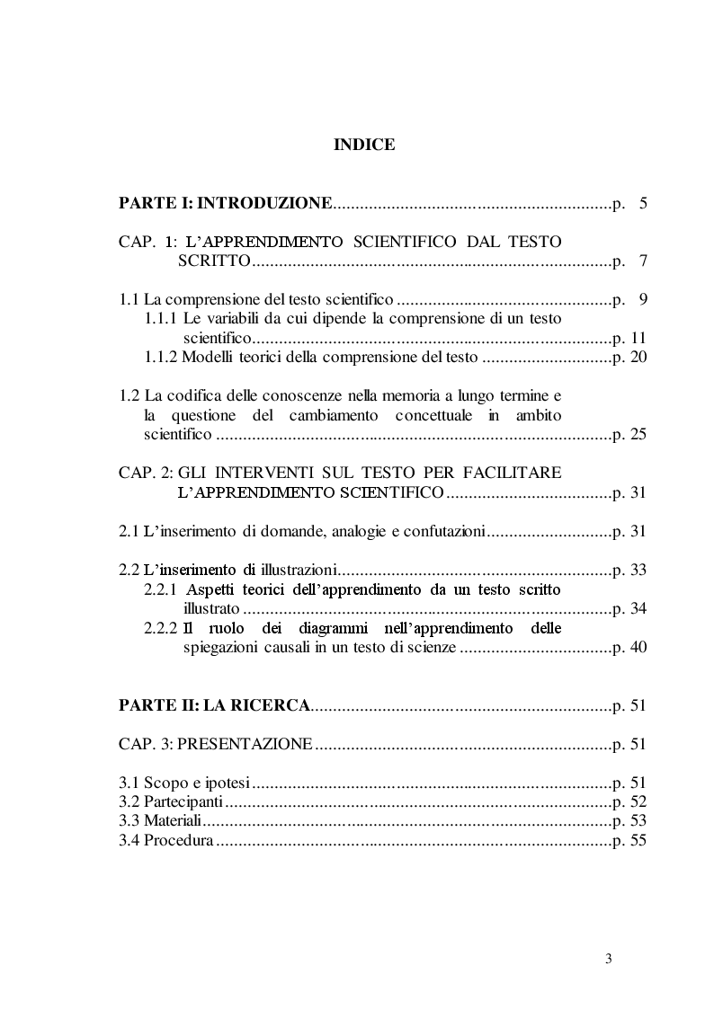 Indice della tesi: L'uso dei diagrammi causali per facilitare l'apprendimento scientifico dal testo scritto, Pagina 1
