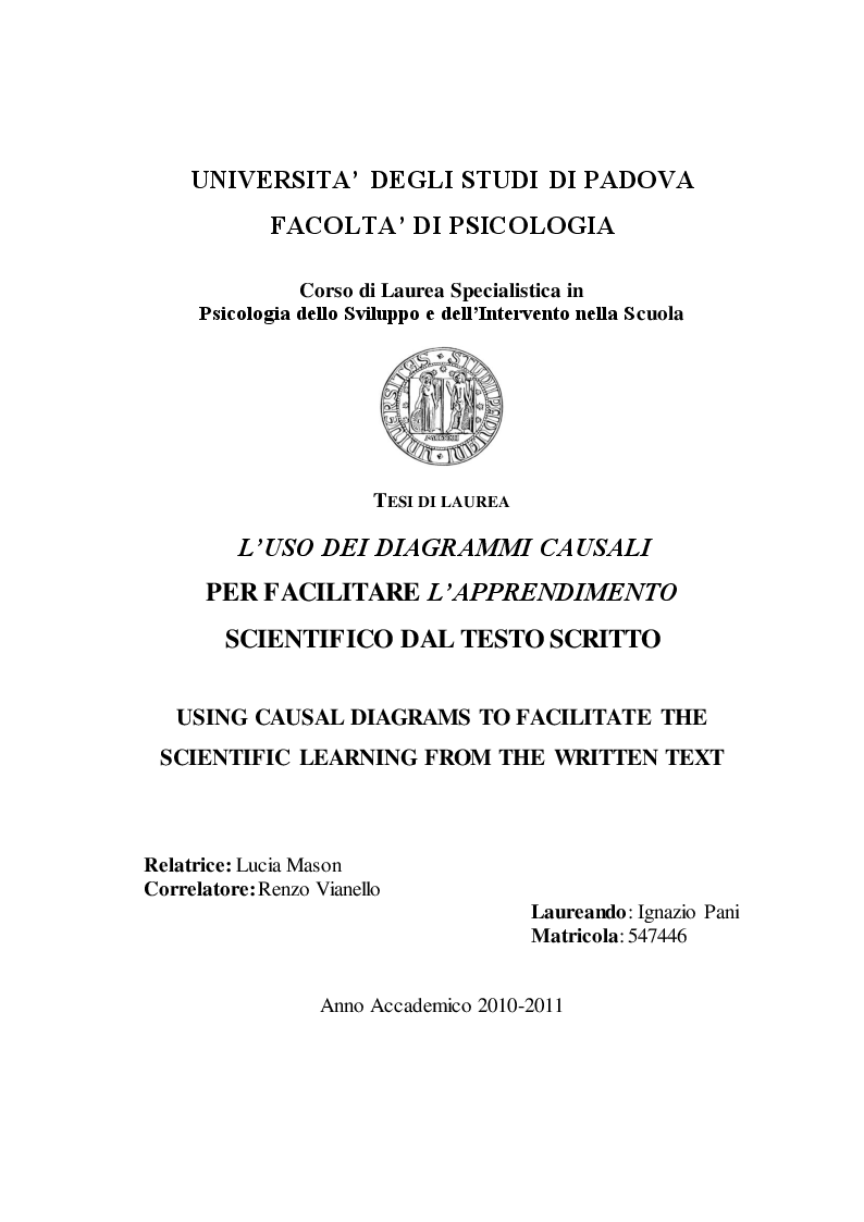 Anteprima della tesi: L'uso dei diagrammi causali per facilitare l'apprendimento scientifico dal testo scritto, Pagina 1