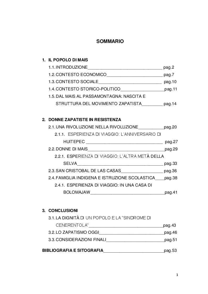 Indice della tesi: ''Comandare ubbidendo'': la lotta del popolo di mais. Donne zapatiste in resistenza., Pagina 1