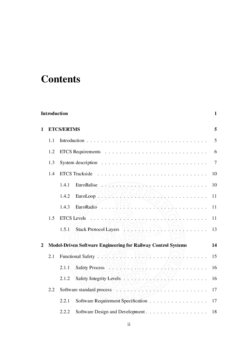 Indice della tesi: Model Driven Engineering of railway control systems with the openETCS process, Pagina 1