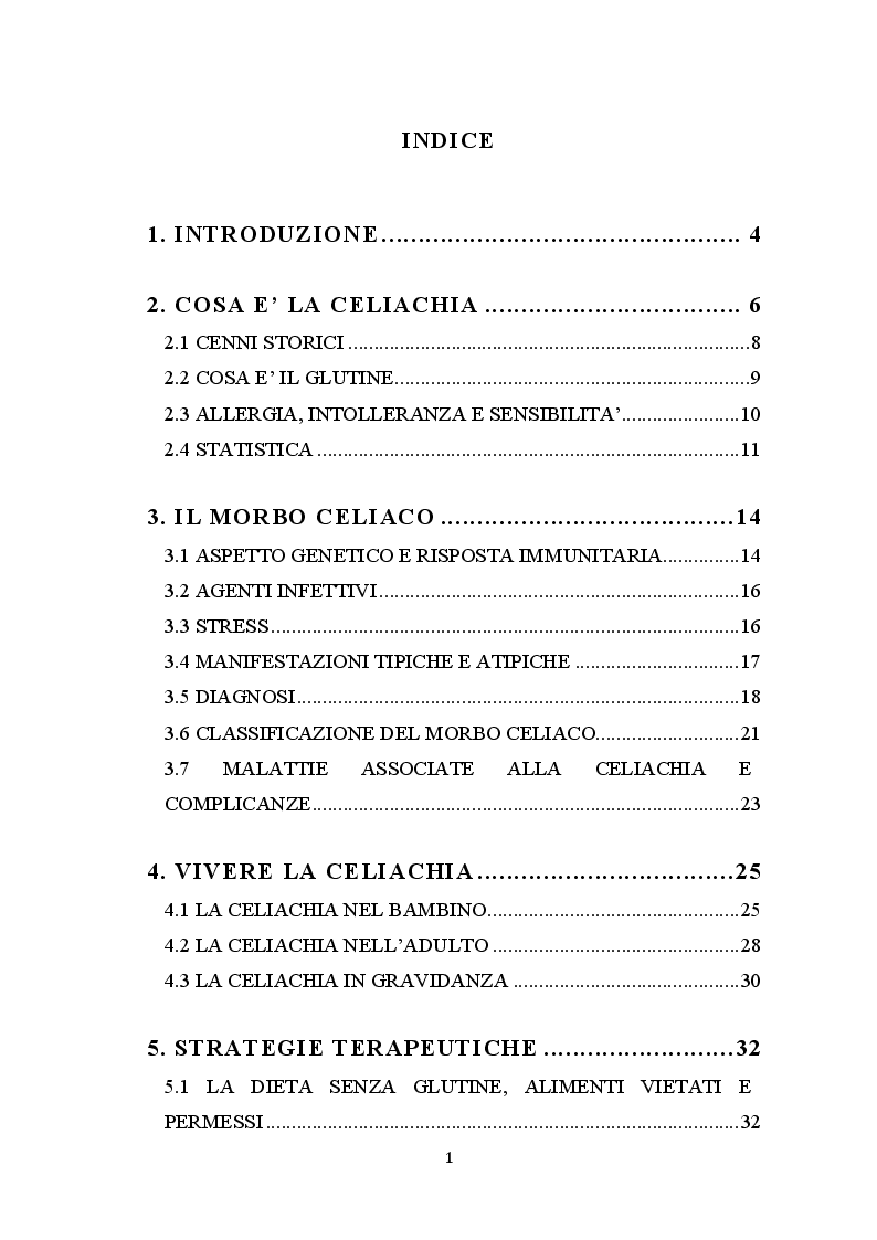 Indice della tesi: La malattia celiaca: realtà italiana ed estera a confronto e l'implementazione dell'infermiere case manager nell'assistenza al paziente celiaco, Pagina 1