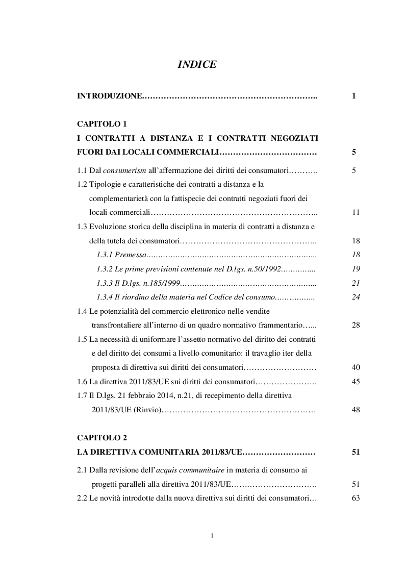 Indice della tesi: I contratti a distanza nell'attuazione della direttiva 2011/83/UE sui diritti dei consumatori: prospettiva comparatistica, Pagina 1