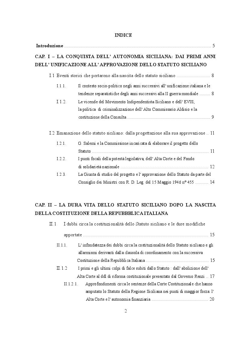 Indice della tesi: L'autonomia della regione siciliana in materia di organizzazione e funzionamento, Pagina 1