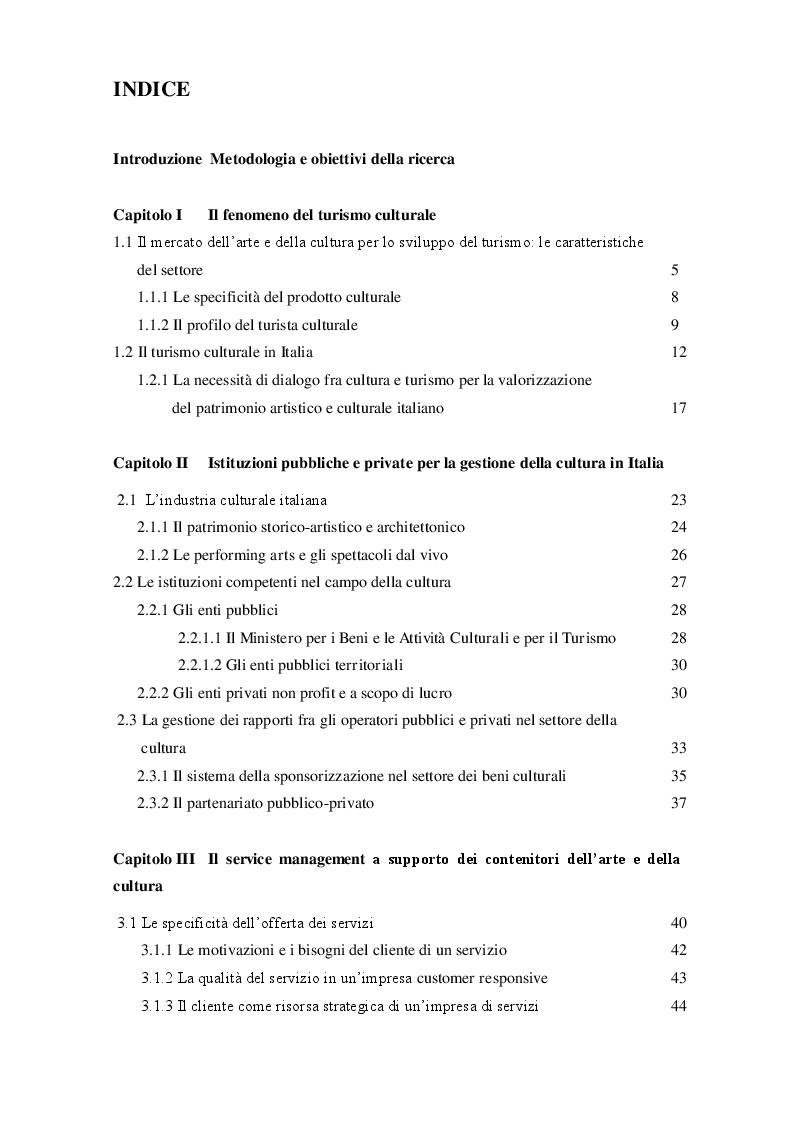 Indice della tesi: Il management dei servizi culturali per lo sviluppo del turismo in Italia, Pagina 1