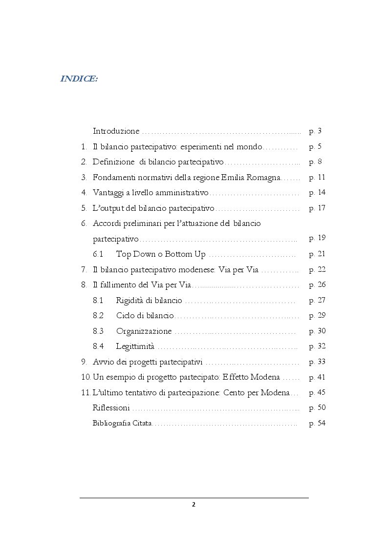 Indice della tesi: Il bilancio partecipativo nel comune di Modena: nascita, evoluzione e stato d'arte, Pagina 1