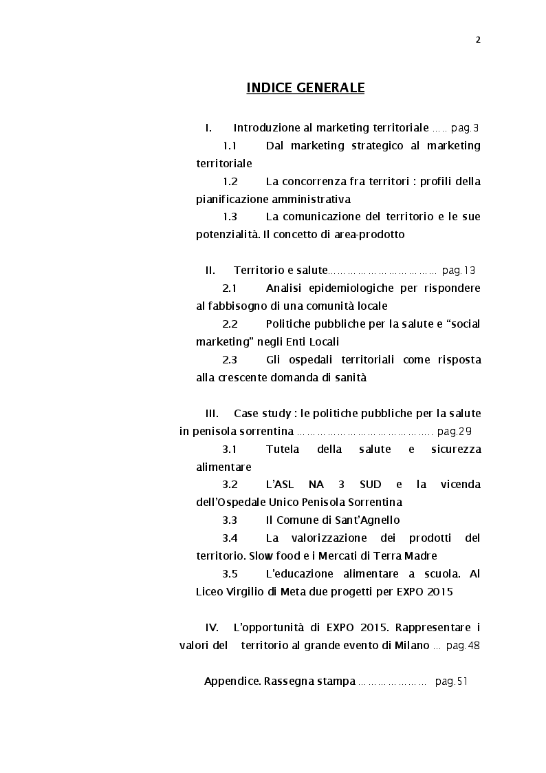 Indice della tesi: Marketing territoriale e politiche per la salute. Il caso penisola sorrentina, Pagina 1