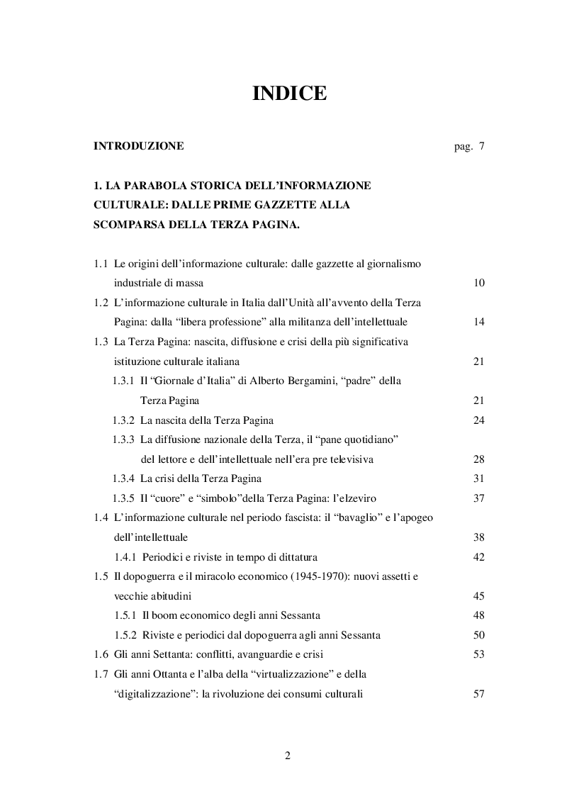Indice della tesi: Dalla stampa al web: passato, presente e futuro della critica, del giornalismo e dell'informazione culturale tra innovazione e rivoluzione, Pagina 1