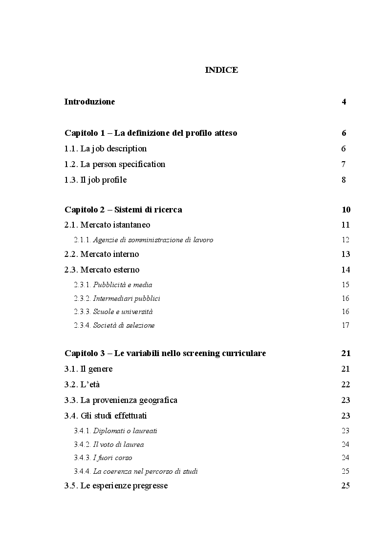 Indice della tesi: Ricerca e selezione del personale, Pagina 1