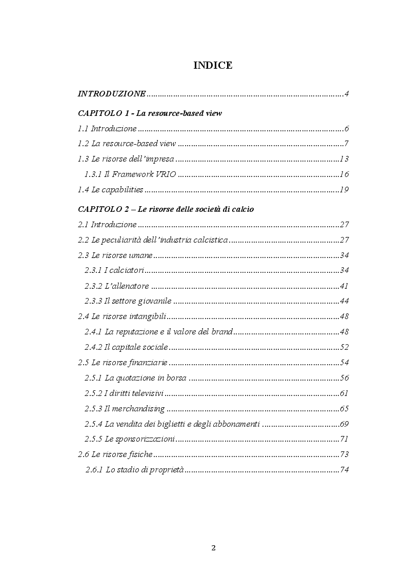 Indice della tesi: Le determinanti delle performance delle società calcistiche: un'analisi resource-based, Pagina 1
