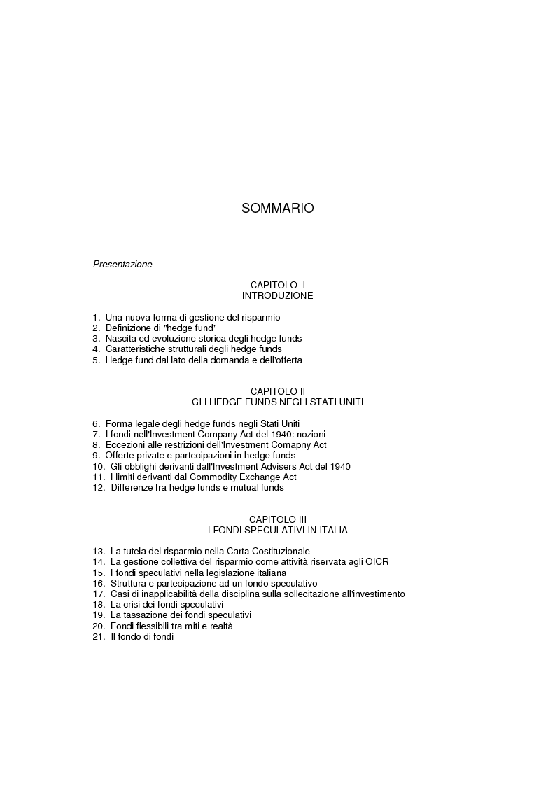 Indice della tesi: Gestione del risparmio e hedge funds, Pagina 1