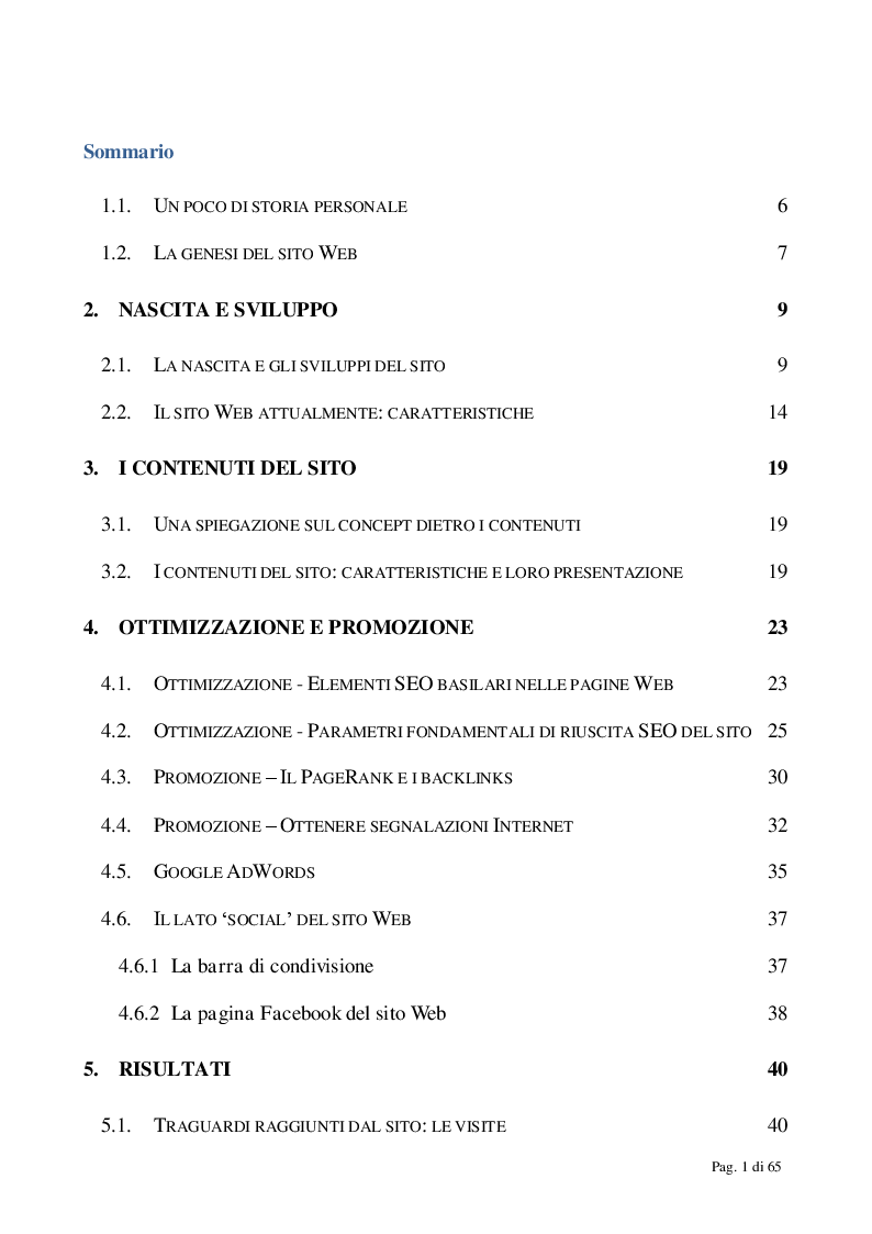Indice della tesi: Tecniche SEO e contenuti: storia personale di un sito Web culturale, Pagina 1