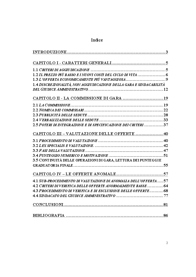 Indice della tesi: La valutazione delle offerte nel codice dei contratti pubblici relativi a lavori, servizi e forniture, Pagina 1