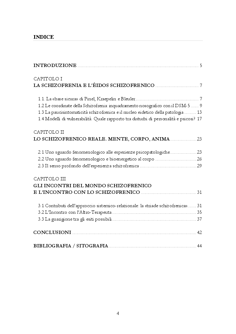 Indice della tesi: Dalla schizofrenia allo schizofrenico. Interesse, Prossimità, Incontro., Pagina 1