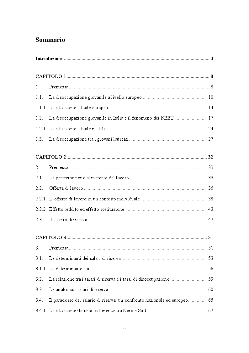 Indice della tesi: Le determinanti del salario di riserva dei giovani in Italia, Pagina 1