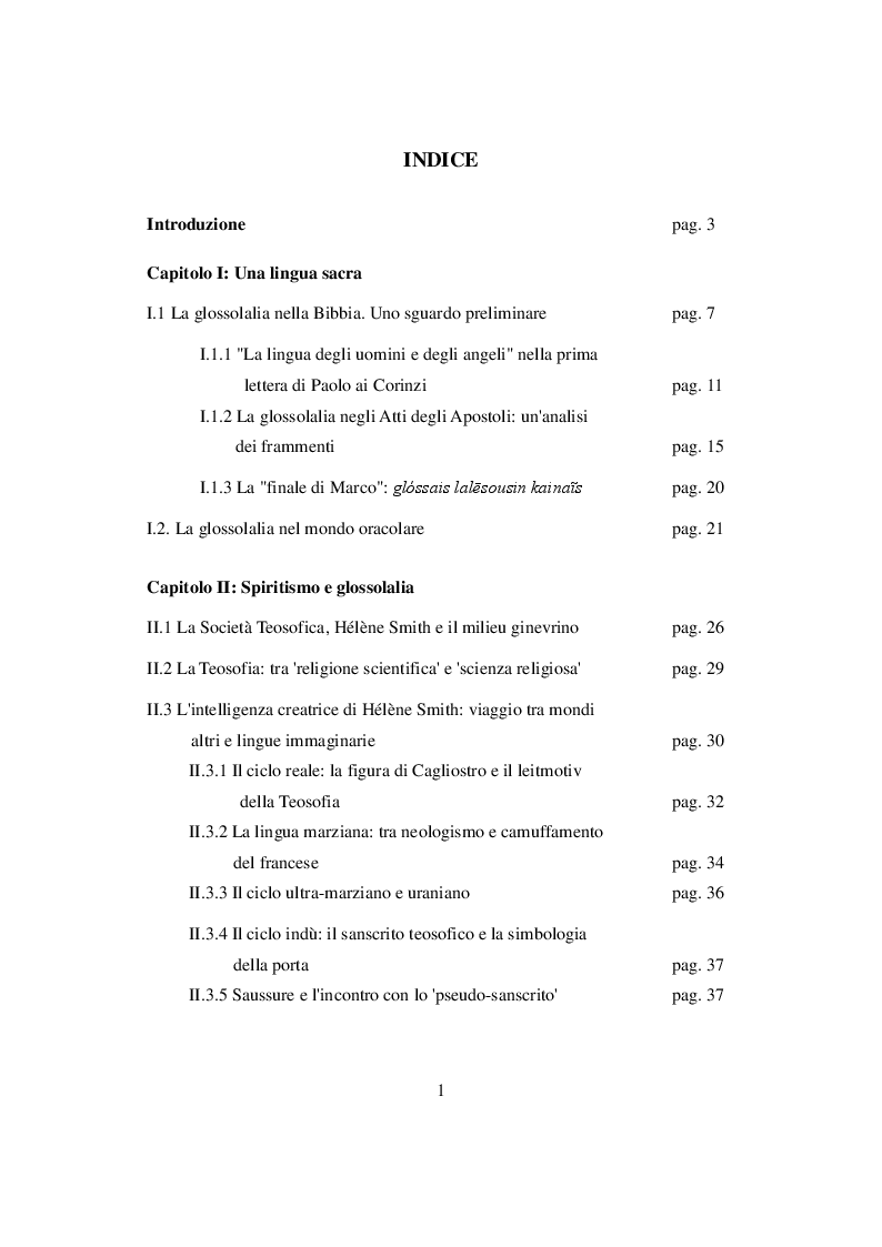 Indice della tesi: Le lingue degli uomini e degli angeli. La glossolalia nel movimento pentecostale, Pagina 1