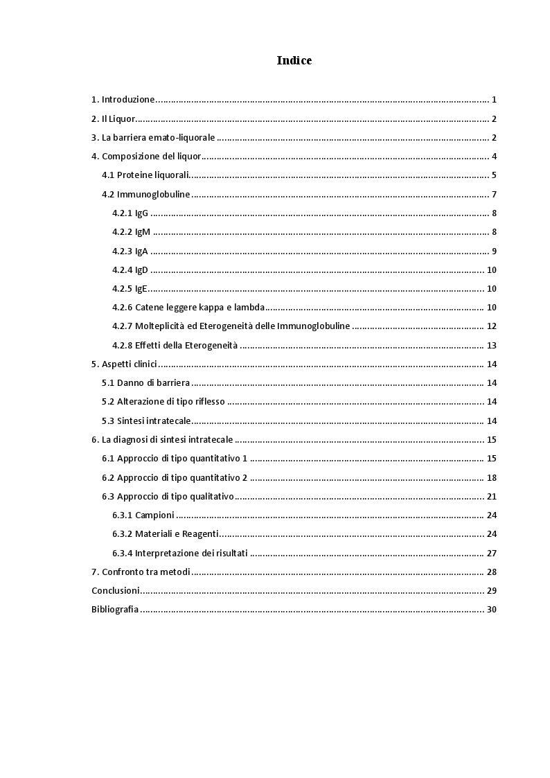 Indice della tesi: La sintesi intratecale di IgG nel liquor: tecniche di rivelazione ed identificazione., Pagina 1