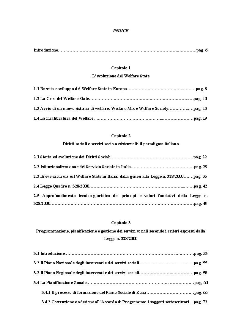 Indice della tesi: Nuove politiche di Welfare e riforma dei Servizi Sociali. La Legge n. 328/2000 e l'esperienza di una realtà locale: il Comune di Acate, Pagina 1