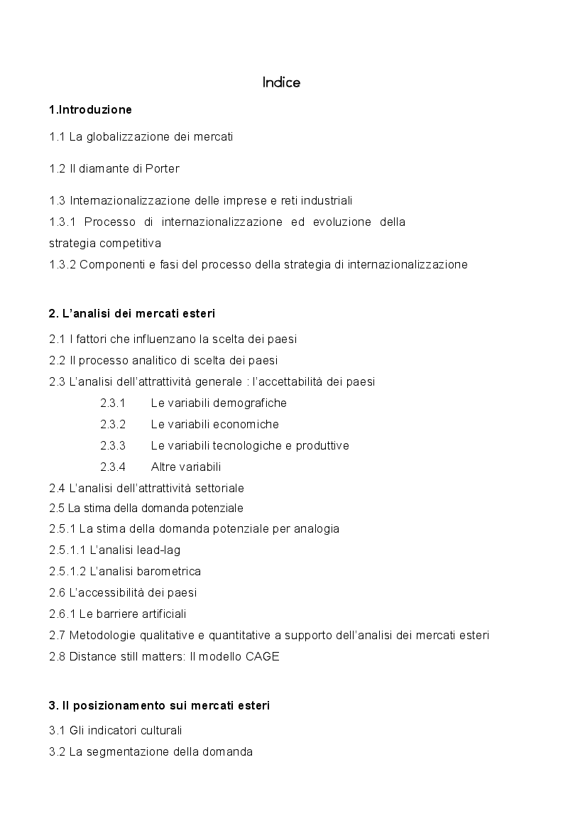 Indice della tesi: Strategie di marketing e comunicazione nel processo di internazionalizzazione, Pagina 1