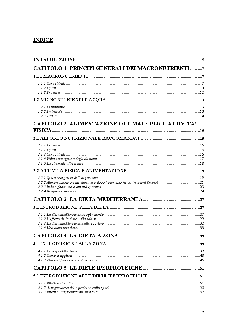 Indice della tesi: Nuove proposte nutrizionali per lo Sport, Pagina 1