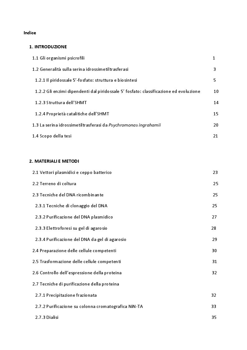 Indice della tesi: Caratterizzazione della SHMT dal batterio psicrofilo Psychromonas Ingrahamii e confronto con l'enzima omologo da E. coli, Pagina 1