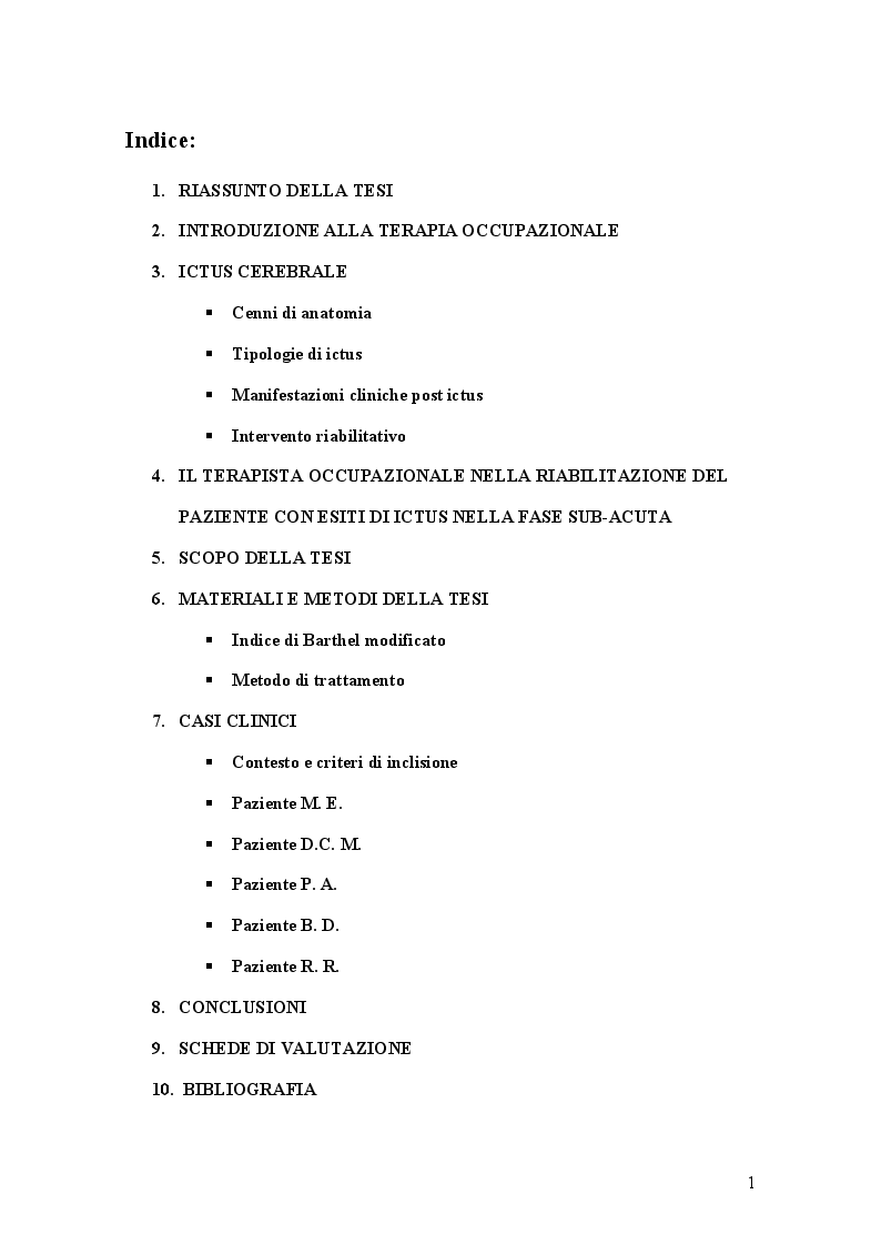 Indice della tesi: La Terapia Occupazionale nella riabilitazione dell’ictus in fase sub-acuta., Pagina 1