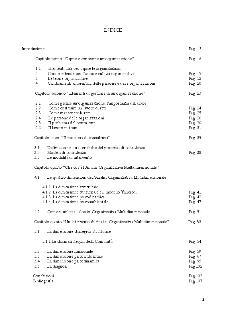 Indice della tesi: Il Modello dell'Analisi Organizzativa Multidimensionale per comprendere il fallimento di un'organizzazione, Pagina 1