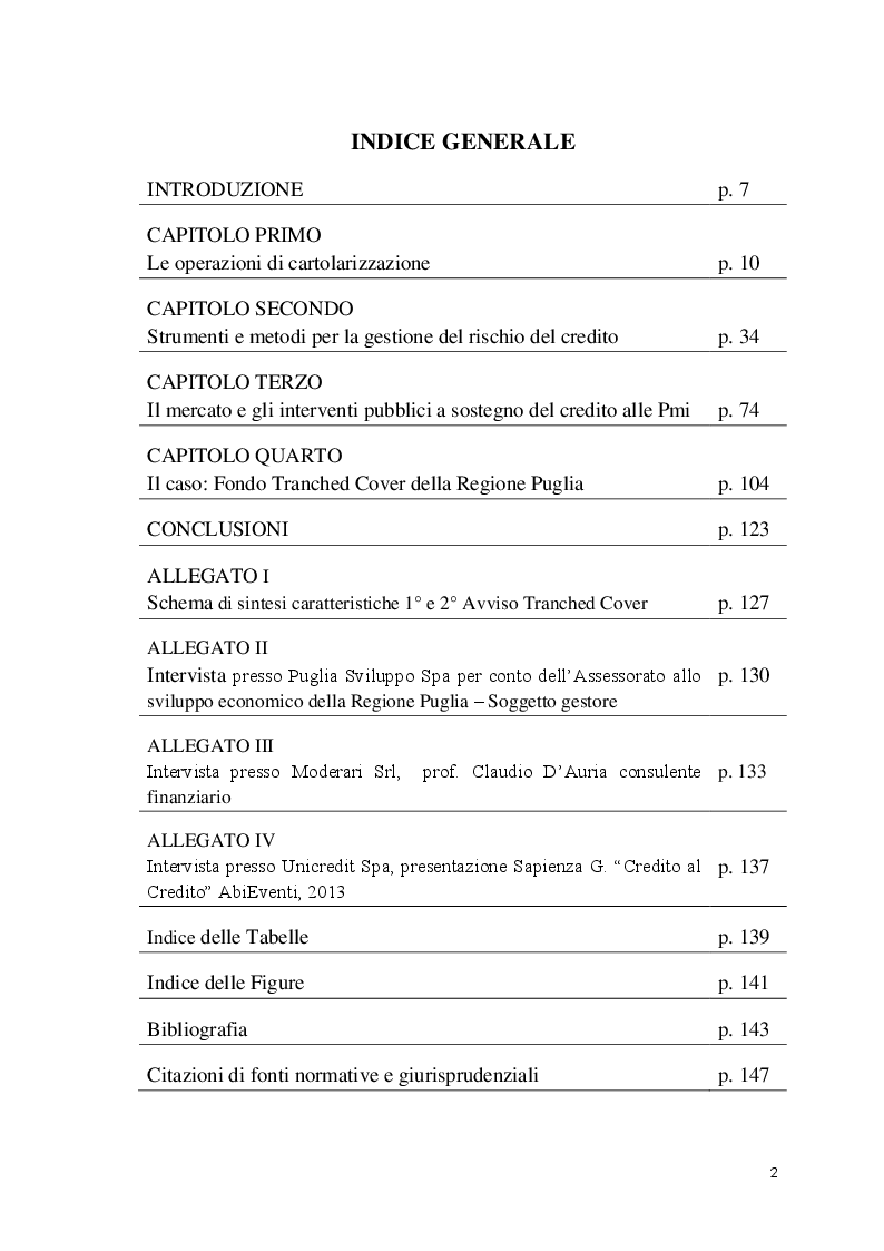 Indice della tesi: Cartolarizzazione dei prestiti alle PMI e Politiche Pubbliche: l’esperienza del Fondo Tranched Cover della Regione Puglia, Pagina 1
