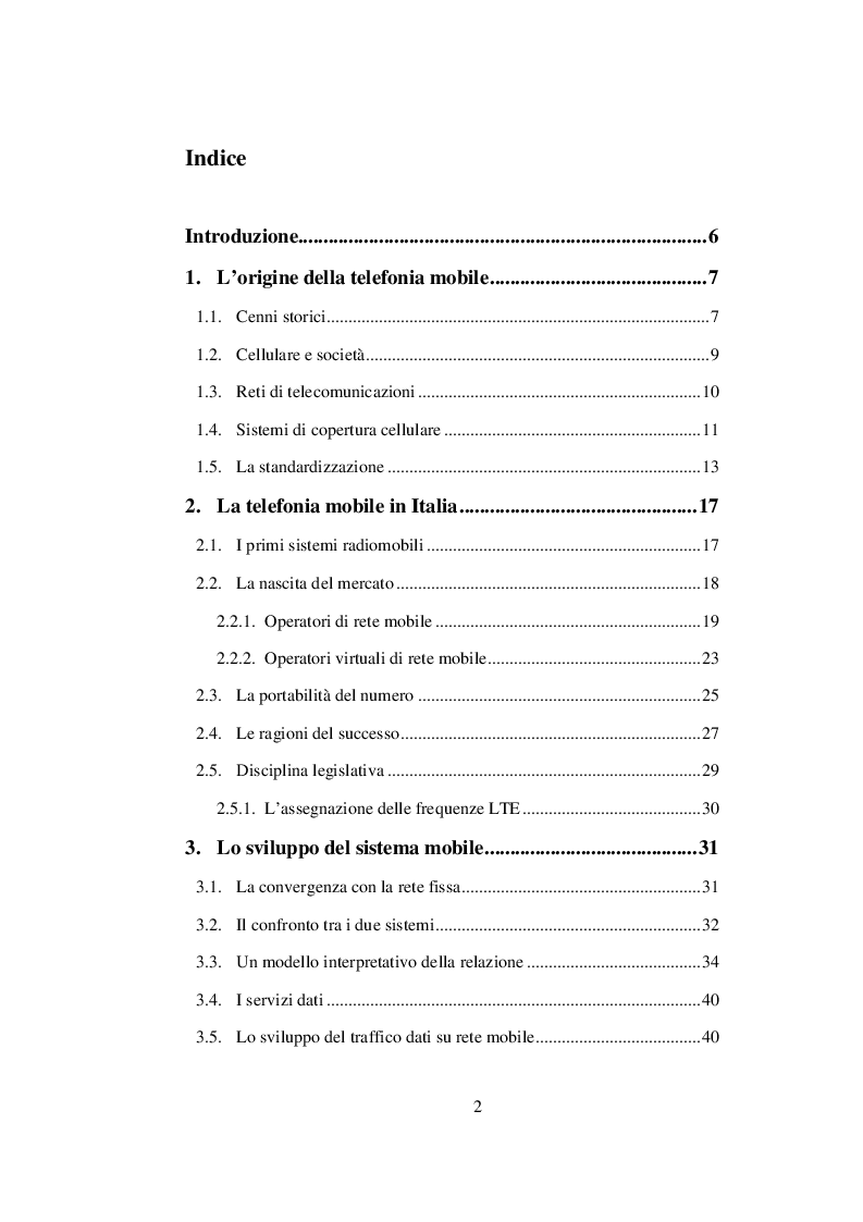 Indice della tesi: Lo sviluppo della comunicazione e dei servizi in mobilità: dalla telefonia cellulare alla banda ultra larga, Pagina 1