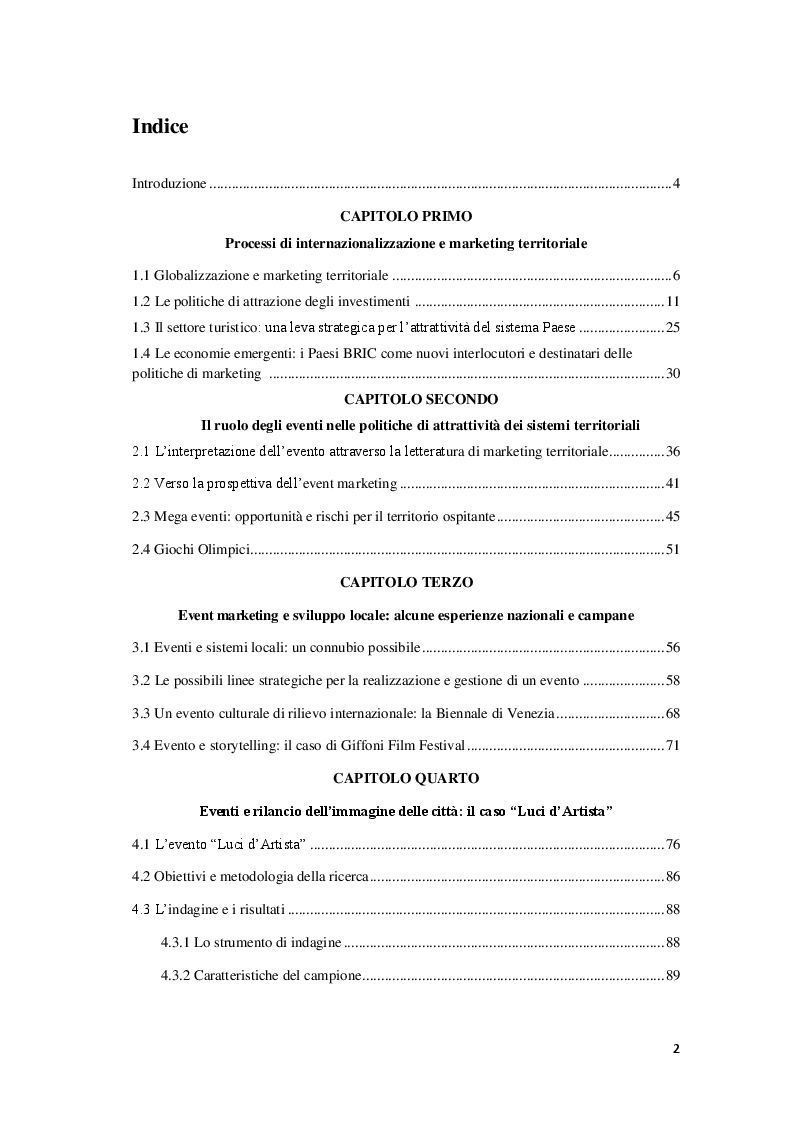Indice della tesi: Il ruolo degli eventi nelle strategie di marketing territoriale. L'evento "Luci d'Artista" di Salerno., Pagina 1