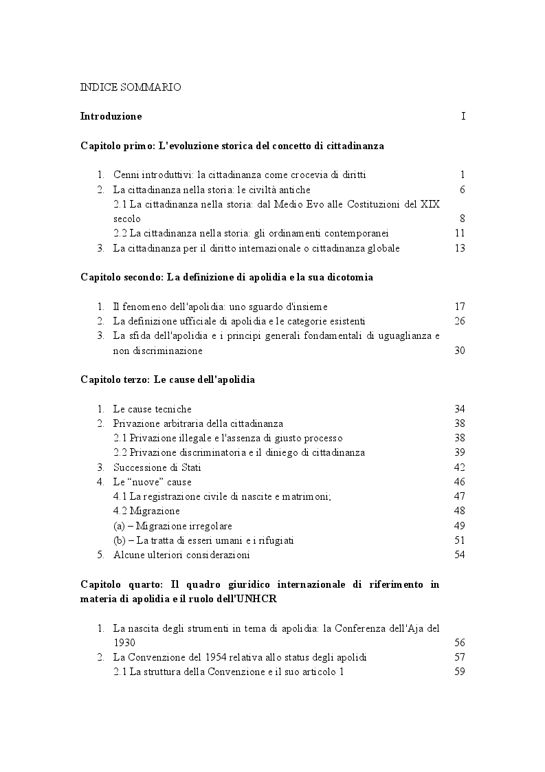 Indice della tesi: L'apolidia nel Diritto Internazionale, Pagina 1