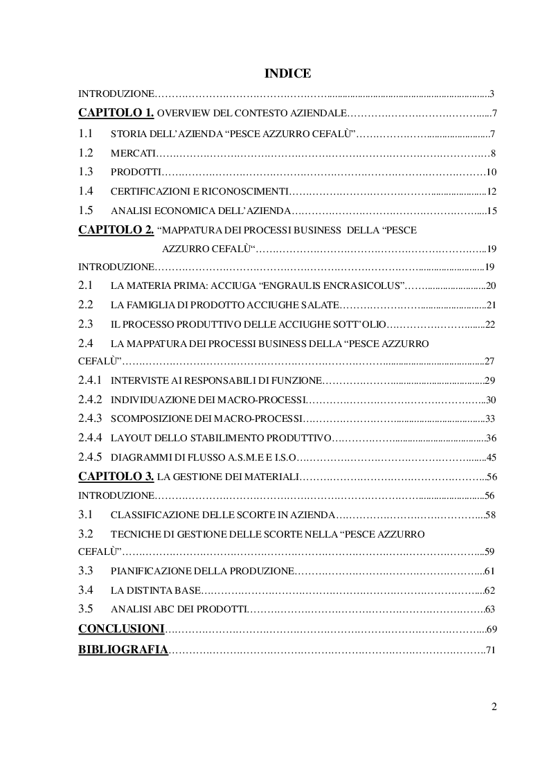 Indice della tesi: La mappatura dei processi produttivi e logistici della trasformazione delle acciughe nell'azienda "Pesce Azzurro Cefalù", Pagina 1
