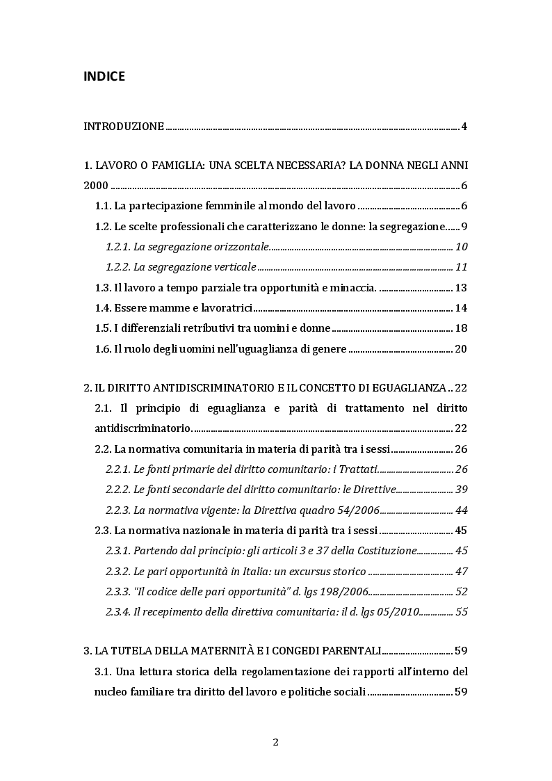 Indice della tesi: La parità uomo-donna e la genitorialità nell'Unione Europea e in Italia, Pagina 1