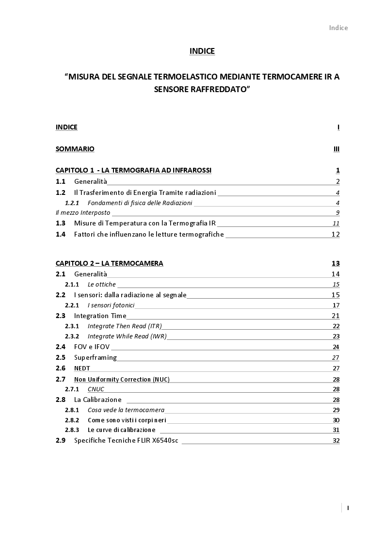 Indice della tesi: Misura del segnale Termo-elastico mediante termocamere IR a sensore raffreddato, Pagina 1
