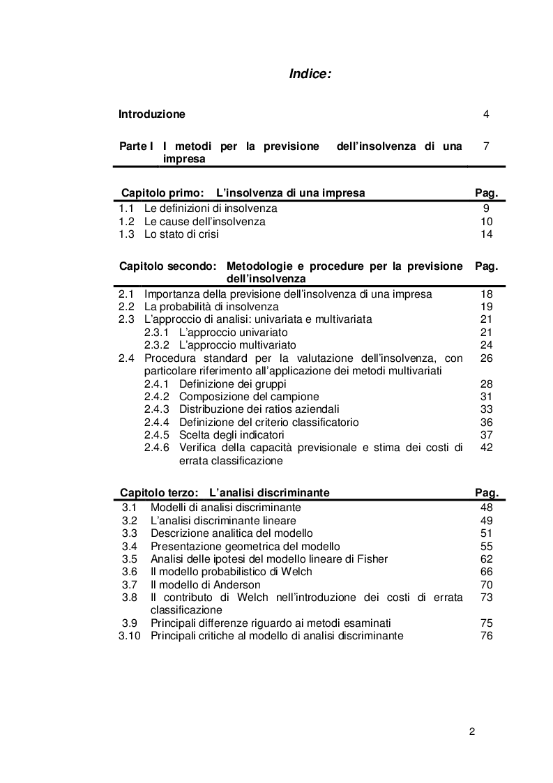 Indice della tesi: Applicazione dell'analisi discriminante alle previsioni di insolvenza. Una analisi per il settore imprese tessili., Pagina 1