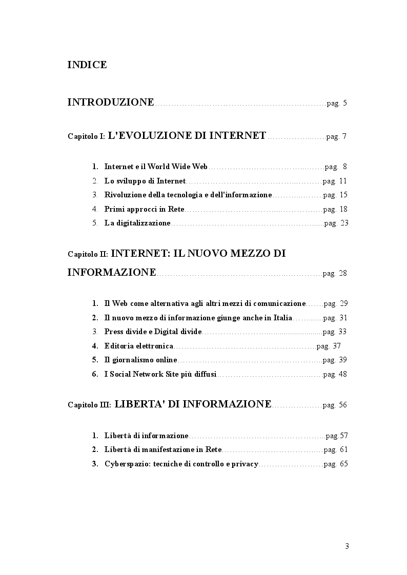 Indice della tesi: Internet: una rivoluzione nella tecnologia e nell'informazione, Pagina 1
