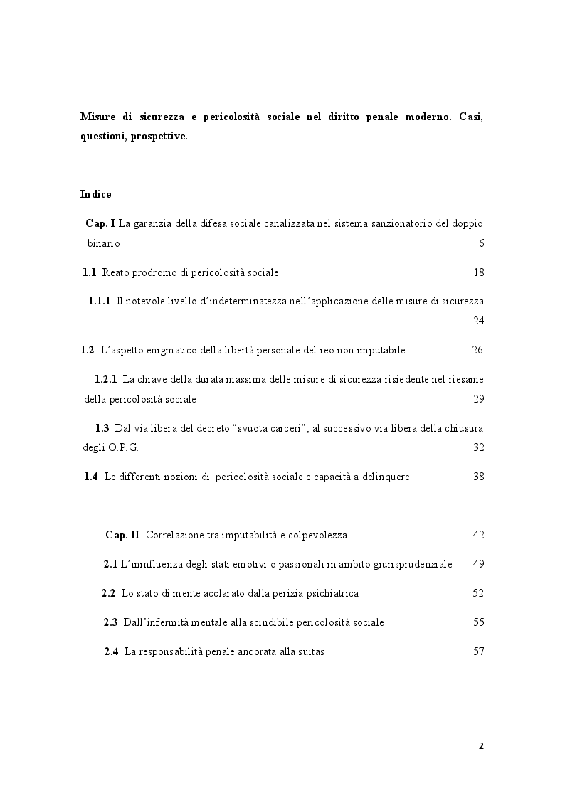 Indice della tesi: Misure di sicurezza e pericolosità sociale nel diritto penale moderno. Casi, questioni, prospettive., Pagina 1
