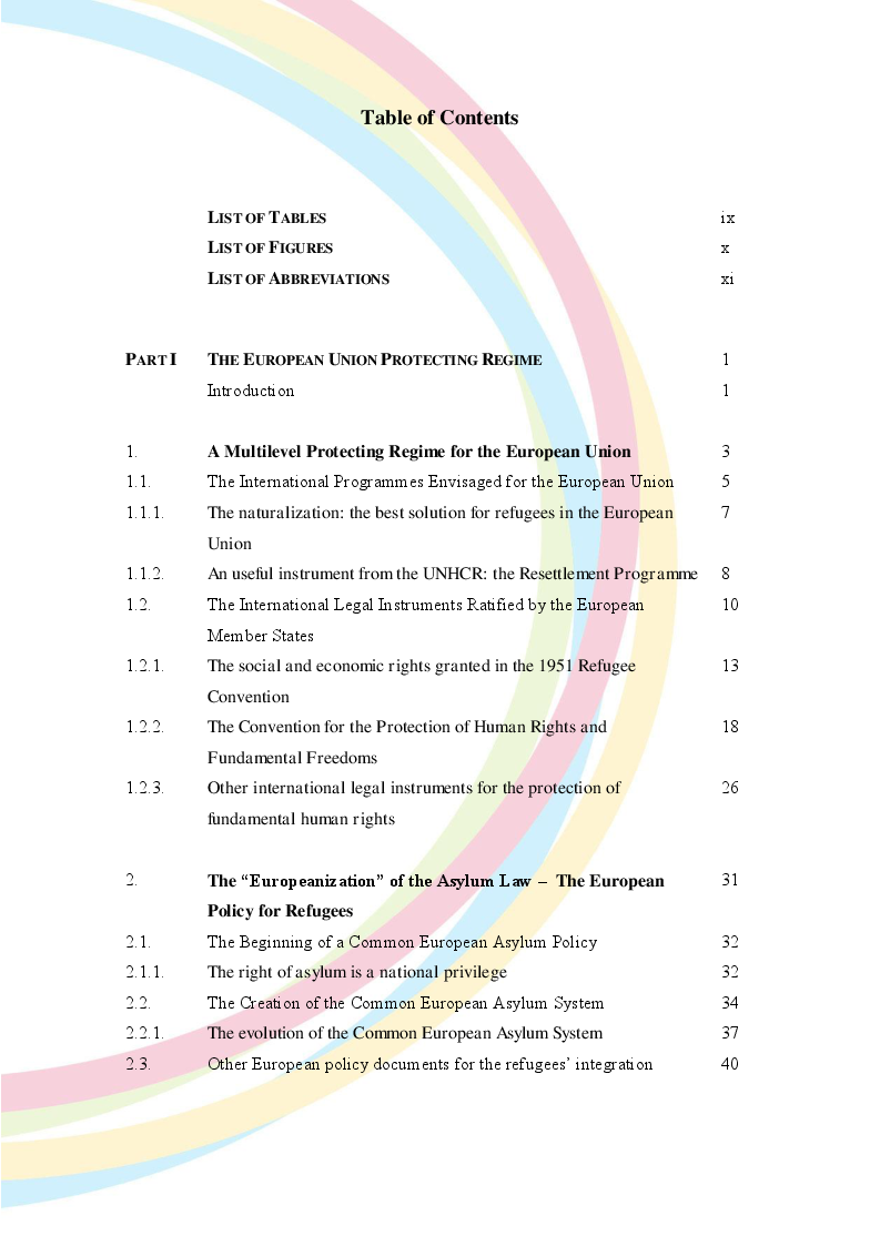 Indice della tesi: The Refugees' Integration between European Guarantees and Domestic Policies, Pagina 1