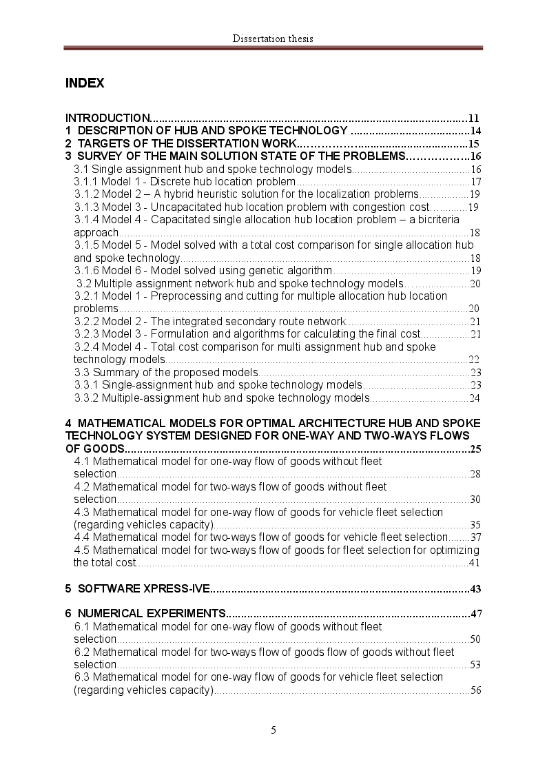 Indice della tesi: Mathematical Modelling for Hub and Spoke Technology, Pagina 1