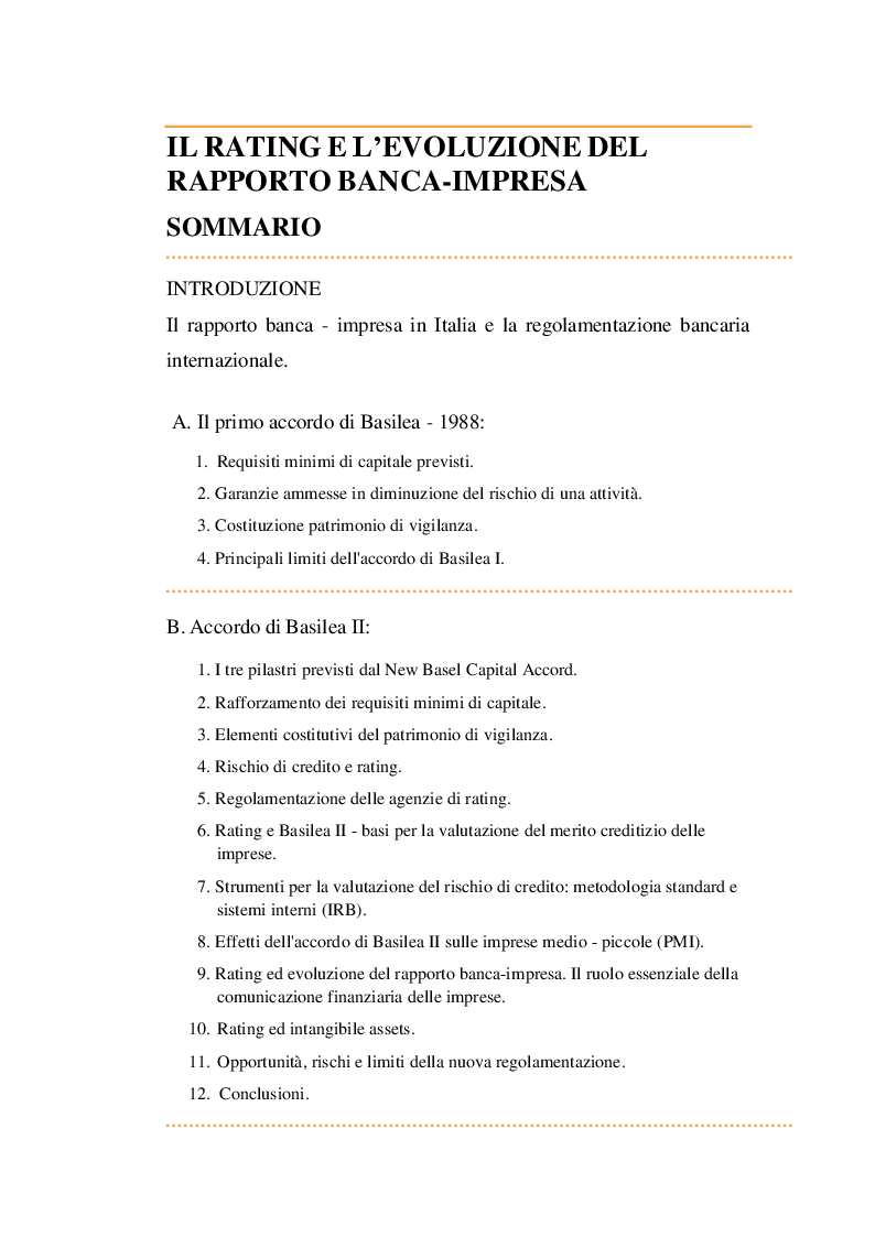 Indice della tesi: Il rating e l'evoluzione del rapporto Banca-Impresa, Pagina 1
