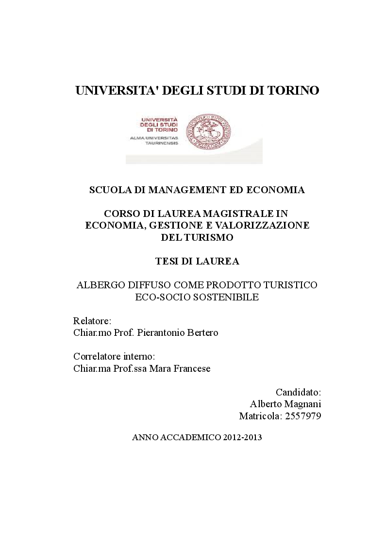 Anteprima della tesi: Albergo Diffuso come prodotto turistico eco-socio sostenibile, Pagina 1