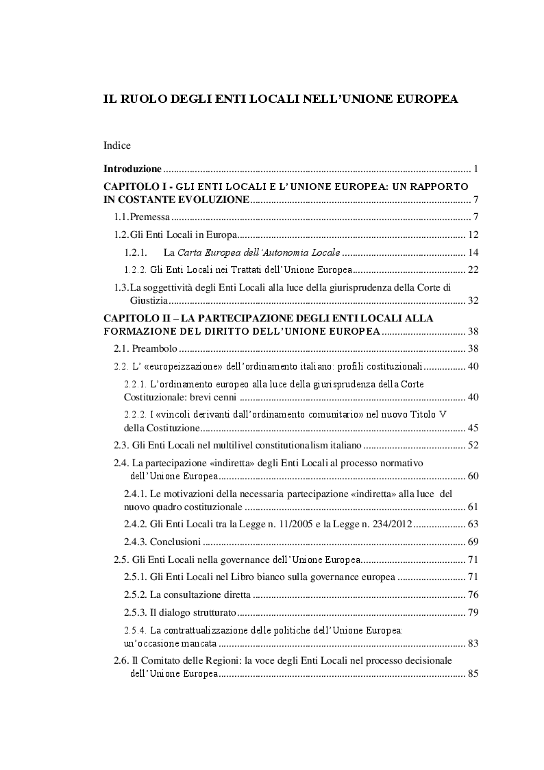 Indice della tesi: Il ruolo degli Enti Locali nell'Unione Europea, Pagina 1