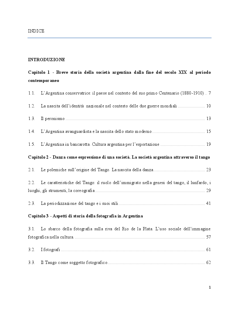 Indice della tesi: L'iconografia del Tango danza. La catalogazione e l'analisi storico-critica delle fotografie a soggetto di tango dell'Archivo General de la Nación di Buenos Aires, Pagina 1