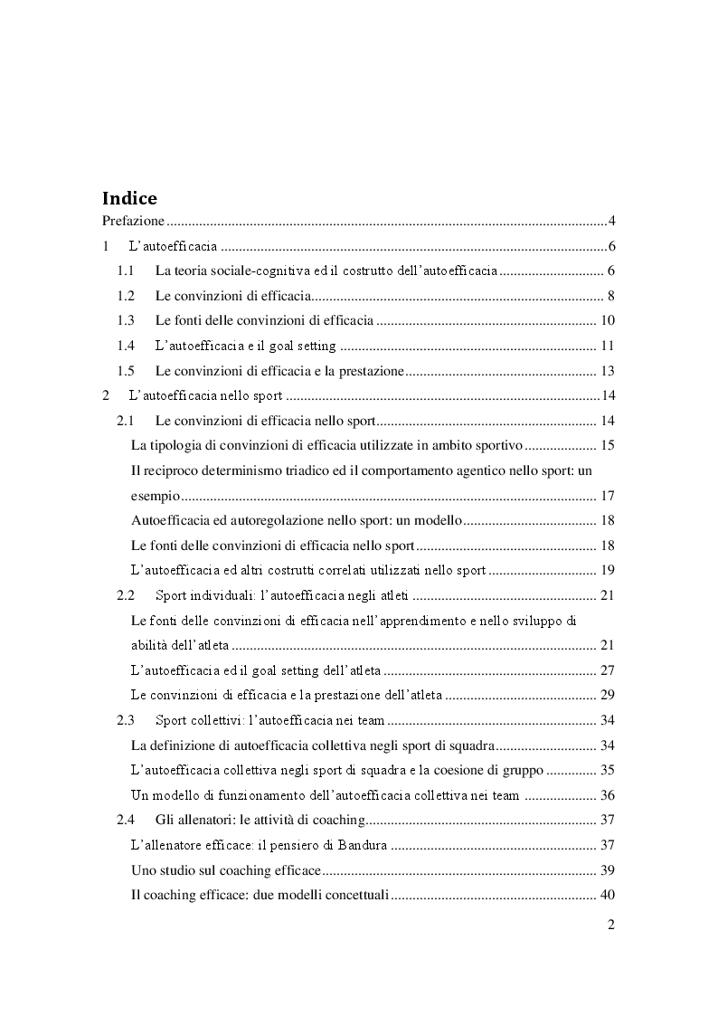 Indice della tesi: L'autoefficacia nello sport, Pagina 1