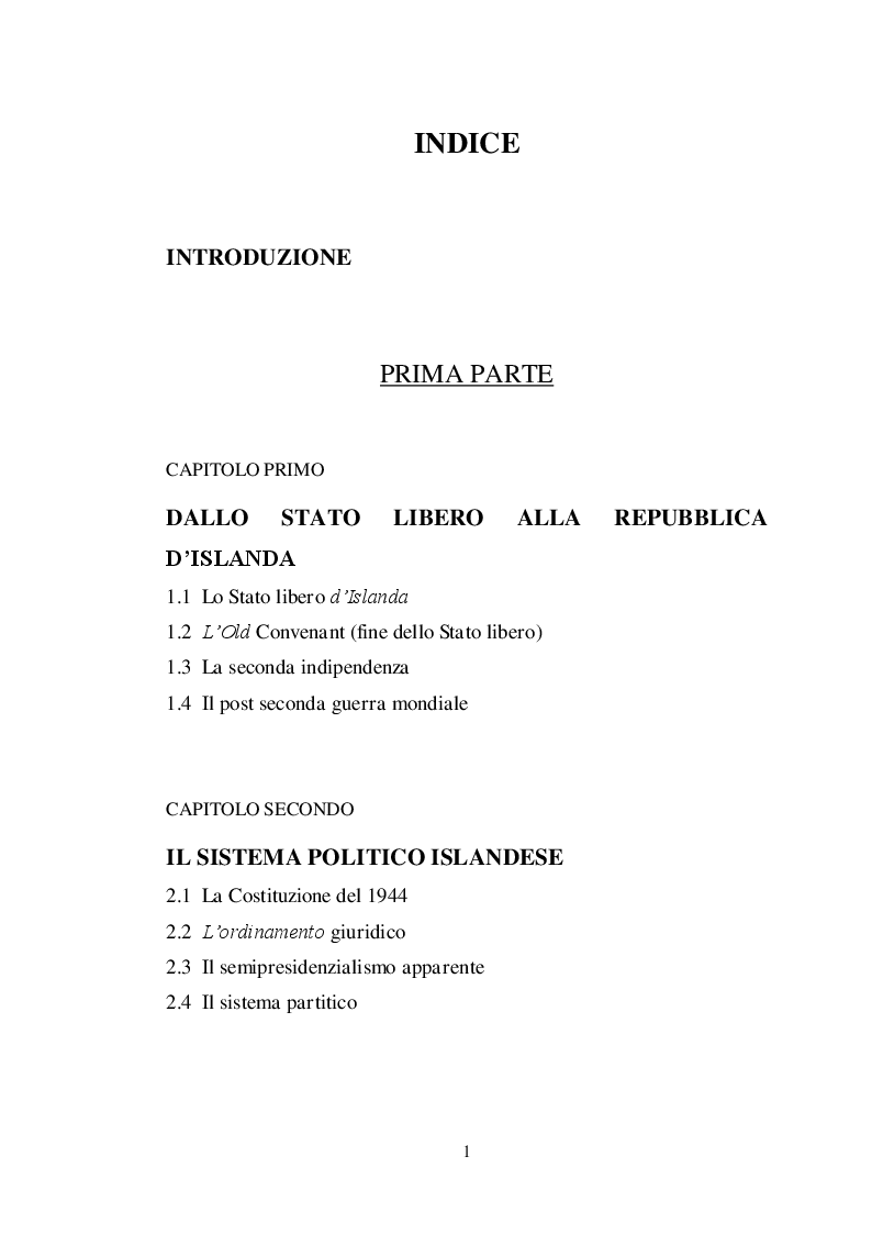 Indice della tesi: La Repubblica d’Islanda: la crisi economica e le sue conseguenze, Pagina 1